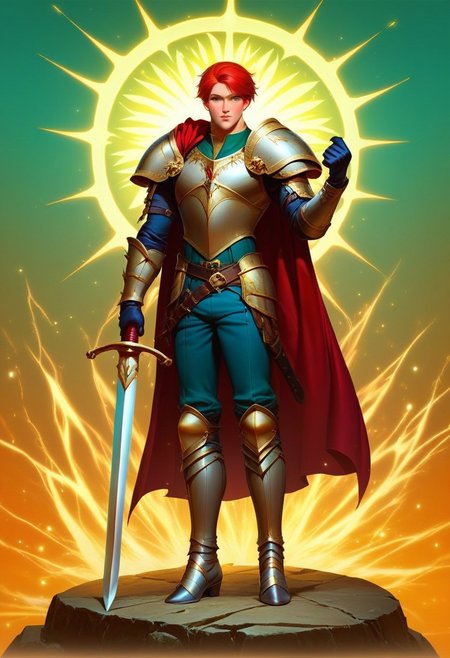 score_9, score_8_up, score_7_up, full body portrait,  
BREAK. handsome man, he is dressed in a suit of dark iron platemail.  
Break.
he is  holding up a white coloured sword. Properly holding the sword by the hilt.
, short red hair, masculin, medium build body, 
 his armour bears a crest of a green dove.
fantasy armour. stylized silver dove emblems and symbols on armour and sheild.
Break.
epic   background is a a beautiful palace. a strong wind is blowing his cape.