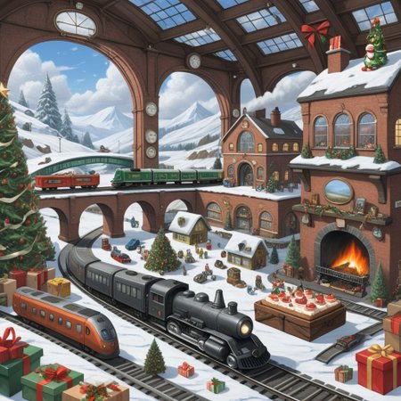 On the grownd in the living room [train station, bridge, window, science fiction, traditional media, motor vehicle, day, vehicle focus, road, gift, railway, christmas, food, cloud, box, cake, fireplace, plant, weapon, snow]