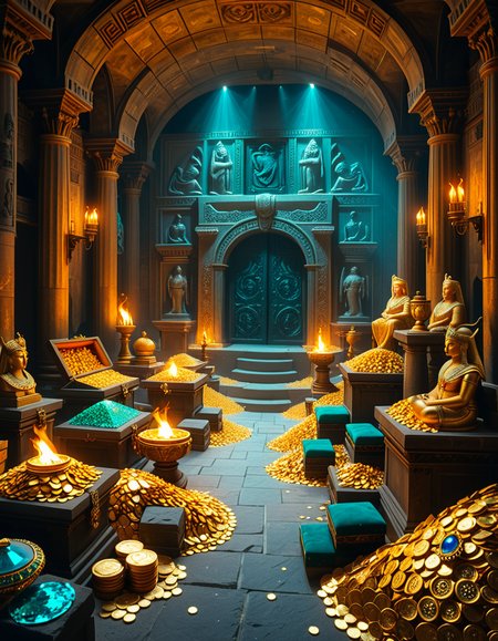 A hidden treasure chamber deep within an ancient temple, illuminated by the warm golden glow of torches and mystical blue light from enchanted crystals. The room is filled with piles of gold coins, jewel-encrusted goblets, and ancient artifacts covered in dust. Massive stone statues of forgotten deities guard the chamber, their eyes glowing faintly as if watching intruders. In the center, a grand pedestal holds a legendary artifactâan ornate golden crown encrusted with emeralds and sapphires, shimmering with an otherworldly aura. The walls are adorned with intricate carvings depicting lost civilizations, and creeping vines hint at centuries of abandonment. The atmosphere is mystical and slightly eerie, with a sense of both wonder and danger. The air is thick with the scent of aged parchment and burning incense, adding to the chamberâs ancient and mysterious feel. Cinematic lighting with dramatic shadows enhances the depth and richness of the scene, creating a visually stunning and immersive environment.
<lora:SDXLFaeTastic2400:0.4> <lora:extremely_detailed:0.4> extremely detailed, <lora:treasure_ch4mb3r:1>,treasure ch4mb3r, Masterpiece,best quality,hi res,8k,hi res,8k,award winning,(sharp focus, intricate, highly detailed),