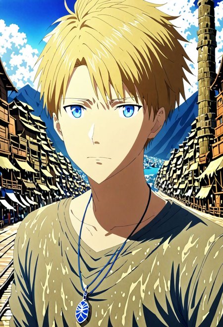 high resolution, solo, best quality, 1Boy, Yamato Ishida, Blond Hair, Blue Eyes, Necklace, travel photography, OverallDetail