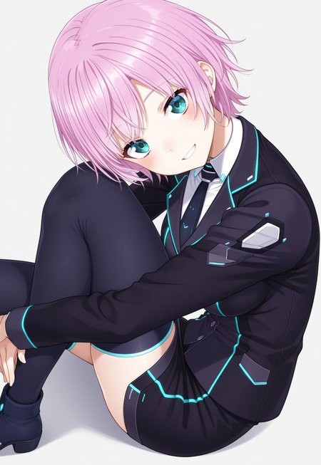 masterpiece, best quality, amazing quality, simple background, white background, 

nijiriri, small breasts, blue eyes, green eyes, pink hair, short hair, nijiriricos, white shirt, black necktie, black jacket, black skirt, miniskirt pencil skirt, black thighhigh, 

1girl, from side, from above, sitting, knee up, head tilt, looking at viewer, smile, clenched teeth, leaning forward, hugging own legs, (hands together:0.8), ass peek