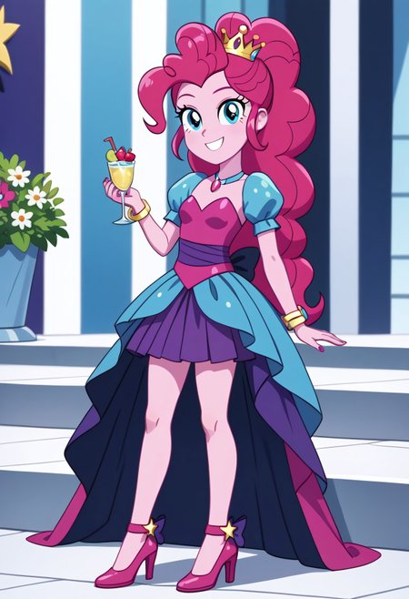 score_9, score_8_up, score_7_up, score_6_up, from My Little Pony Equestria Girls, a very young little human girl Pinkie_Pie wearing a fit blue|sky|green|brown|darkpurple|red|yellow gradients colors short princess dress, elegant detailed princess shoes, solo, 1girl, little princess girl, gradient dark pink hair with crown hairband, smile, childhood, looking at viewer, glow detailed eyes, garden of canterlot, tul, chiffon, laces, semi realistic cartoon, unreal engine 5,  full body close-up, absurdres, digital art, soft light, perfect hands, perfect, hands, perfection, soft pink skin, skyblue eyes, party accesories and shoes, jewelry, tres chic,<lora:age_slider_v4:-4>,