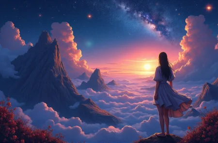 Anime. Painting. A lone girls looks at the horizon from tall mountain. Otherworldly view. <lora:impossible_geometry_V1.0:0.25>