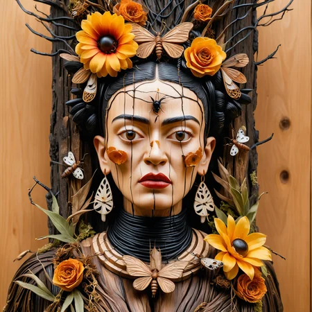 Portrait photo of Frida Kahlo reimagined as a decayed wooden totem, face covered in peeling bark, hair grown into tangled vines bearing wilting flowers, her iconic eyebrows carved into the wood, hollow eyes with dripping black resin, surrounded by a wall of insects frozen in amber, high-detail, earthy surreal tones, organic macabre aesthetic ,
 <lora:Organic_Macabre:1>,  <lora:add-detail-xl:0.6>