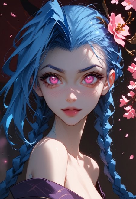 zPDXL3, ((masterpiece)), ((best quality)), 8k, high detailed, ultra-detailed, highres, intricate details, depth of field, bokeh, shiny skin, LP_jinx, blue hair, twin braids, pink eyes, 20 years old, detailed, perfecteyes, fit, small breasts, dynamic lighting, Expressiveh, ArawAraw,  close-up of an anime girl with long flowing hair, big expressive eyes, wearing a kimono, sitting under a cherry blossom tree, petals softly falling around, warm sunlight casting a soft glow, peaceful expression, intricate hair and eye details, focused on her upper body, (delicate flower hair accessory), detailed background softly blurred, vibrant colors, cinematic lighting