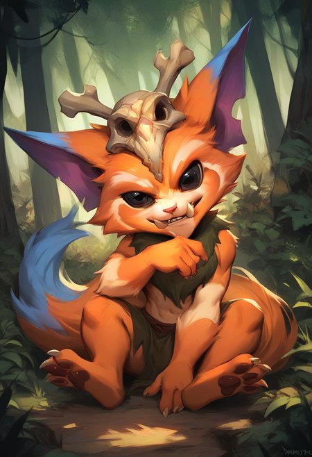score_9, score_8_up, score_7_up, score_6_up, gn4r, 1boy, yordle, fangs, teeth, skull on head, orange fur, black eyes, tail, full body, forest, 
<lora:Manwha_Anime_Style:1>, manhwastyle, <lora:Gnar_Default_v1:0.75>, solo, looking at viewer, sitting