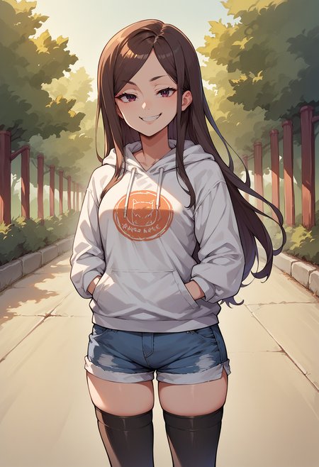 score_9, score_8_up, source_anime, 1girl, solo, DorothyPrinc, long hair, white hoodie, denim shorts, black thighhighs, skindentation, hands in pockets, outdoors, smile, smug, <lora:ChamDorothyPPPonyXL:1>