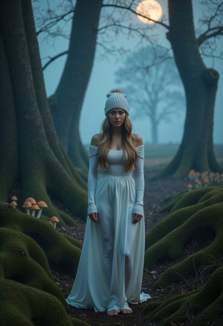 A breathtaking, photorealistic image of a human, modern interpretation of Schlumpfine, standing in a mystical, fog-laden forest at twilight. She has delicate yet striking features, with fair, radiant aidmarealisticskin and long, flowing golden hair cascading down her back in soft waves. A snug, stylish white beanie rests on her head, adding a contemporary touch to her ethereal look. Her deep, expressive eyes hold a sense of curiosity and mystery, framed by long, dark lashes. She wears a fashionable yet effortlessly elegant white dress that drapes over her slender form, busty breasts, blending classic fairy-tale charm with a modern, cozy aesthetic.  

The surrounding forest is dense with towering, ancient trees, their gnarled roots weaving through the moss-covered ground. A soft, glowing mist swirls around her feet, illuminated by beams of dramatic moonlight breaking through the canopy above. Tiny, bioluminescent mushrooms and fireflies cast an enchanting, dreamlike glow throughout the scene. The air feels thick with magic and secrecy, as if the woods are alive with unseen forces.  

Captured in ultra-detailed 8K resolution with cinematic, moody lighting, the image conveys a perfect fusion of fantasy, mystery, and modern elegance. The interplay of soft golden light and deep blue shadows enhances the contrast, making her appear both otherworldly and beautifully human in this mystical, hidden realm.