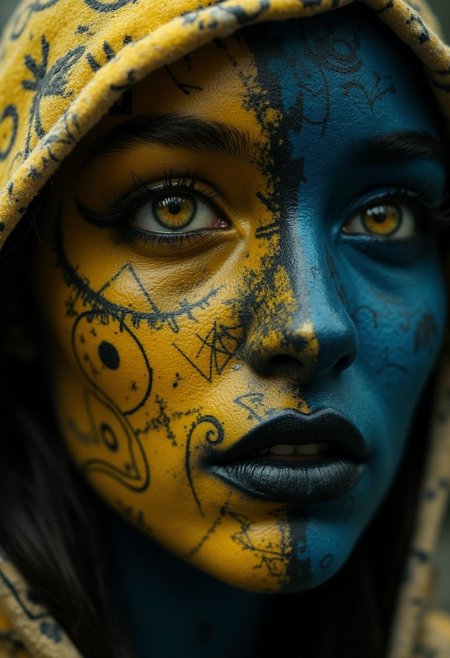 A close-up of a face adorned with intricate black and blue patterns. The left side of the face is predominantly yellow, with symbols and doodles, while the right side is dark, featuring mechanical elements. The eye on the left is a striking shade of yellow, contrasting sharply with the surrounding patterns. The face is partially covered by a hooded garment, cinematic_1940s cinematic_octane