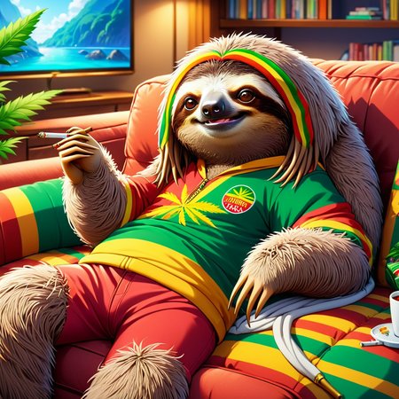 anime artwork <lora:sl0th-000007:0.7>  sl0th, sloth wearing rastacap and rastafarian outfit, smoking marijujana joint, laying on a big comfy couch, Zip2D, anime style, key visual, vibrant, studio anime,  highly detailed