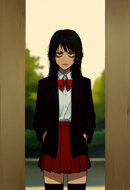 score_9, score_8_up, score_7_up, source_anime, anime screencap, cinematic film still of <lora:Kill Bill style:1> Cinematic film image of Gogo Yubari a woman in a skirt and jacket,1girl,solo,long hair,looking at viewer,bangs,skirt,shirt,black hair,long sleeves,,school uniform,white shirt,pleated skirt, black socks,red bowtie, Kodak film grain, dramatic light, dramatic shadow light, contrast, saturated color, cinematic, filmic, motion picture, realistic, realism, perfection, perfect, deep focus, clean image, Kill Bill style, Kill Bill Film Style, shallow depth of field, vignette, highly detailed, high budget, bokeh, cinemascope, moody, epic, gorgeous, film grain, grainy, (cowboy shoot:1.3), hands in pocket, black jacket, narrow pelvis, outdoors, park, moon, detailed background, lips like angelina, dar cicles under her eyes, bags under eyes