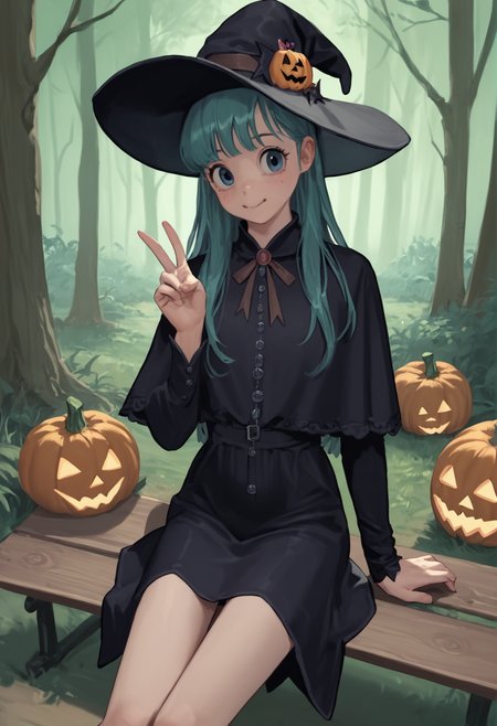 score_9,score_8_up,score_7_up,score_6_up, solo, 1girl, cute, bulma, adult, long hair, slim, sitting, bench, witch hat, witch clothes, v hand, cowboy shot, pose, pumpkins, dark forest, h1r4m3d0us4,  <lora:HIRAMEDOUSA_Style:0.8>