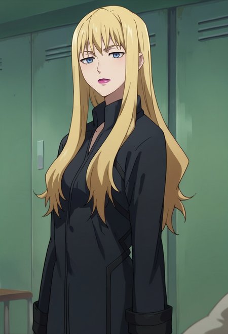 score_9,score_8_up,score_7_up,score_6_up,score_5_up,score_4_up,anime coloring,source_anime,<lora:Brita_Darker_than_Black_Pony:0.8>,brita,1girl,solo,blue eyes,blonde hair,long hair,lipstick,black coat,standing,indoors,
