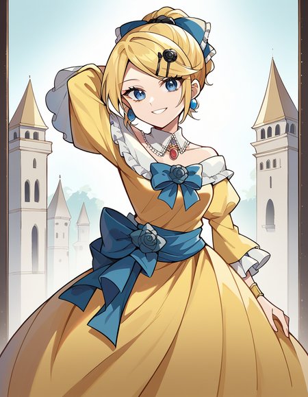 score_9, score_8_up, score_7_up, source_anime, <lora:riliane-lucifen-d-austriche-ponyxl-lora-nochekaiser:1>, riliane, blonde hair, blue eyes, ponytail, short hair, parted bangs, medium breasts, bow, bracelet, dangle earrings, detached collar, dress, yellow dress, dress bow, earrings, flower, flower brooch, frilled dress, frills, gown, hair bow, hair ornament, hairclip, jewelry, long sleeves, necklace, off shoulder, off-shoulder dress, pendant, sash, wide sleeves,, minaret, tall, mosque, call to prayer, holy, smile, hands behind head,, looking at viewer, solo,, dutch angle, cowboy shot