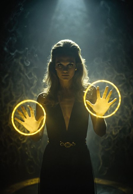 Bama1966 Style, Describe the silhouette of catwomans glitched hands casting circular spells, circular vibrant glowing yellow rings in each hand,  against a bleaked black backdrop in the style of the iconic 1977 James Bond opening sequence, shrouded in black silhouette, illuminated from behind by a spotlight cutting through mist.
atmospheric haze, Film grain, cinematic film still, highly detailed, high budget, cinemascope, moody, epic, OverallDetail, gorgeous, 2000s vintage RAW photo, photorealistic, candid camera, color graded cinematic, eye catchlights, atmospheric lighting, skin pores, imperfections, natural, shallow dof,