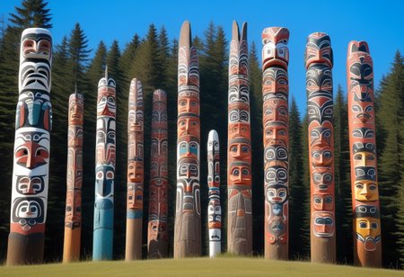 a photograph from the ground, pointing up of  beautifully decorated, intricately carved, beautifully painted, wooden totem poles, native American art, with various totem animals, hares, bears, eagles, and other native american animals, stands on a beautiful natural background with land, water, sky and nature present, a realistic, breathtaking tall, wooden totem, nature, natural, absurdres, breathtaking, OverallDetailX, pop Tlingit totem pole, Archi Sculpture Photography