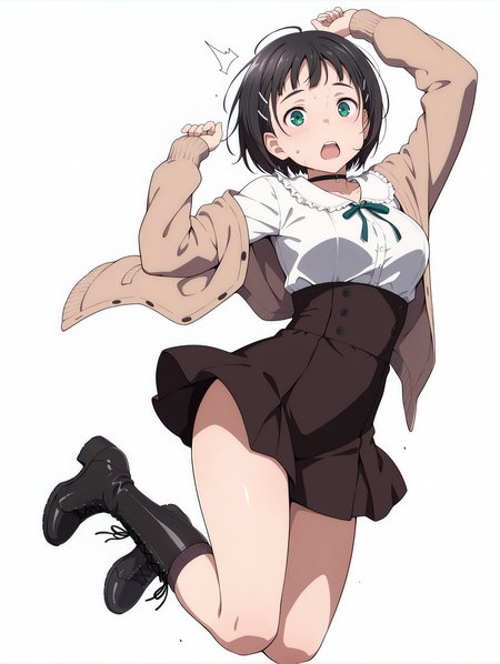 masterpiece,best quality,newest,1girl,solo,
<lora:p_suguha_v1.0:1>,p_sugu,
blouse,cardigan,choker,high-waist_skirt,kneehighs,lace-up_boots,
<lora:Fixhands_anime_bdsqlsz_V1:1>,light_blush,cinematic_angle,looking_at_viewer,jumping,full body,sweatdrop,white_background,simple_background,dynamic_angle,open mouth,panicking,