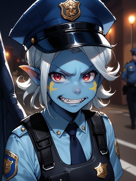 (upper body, solo focus:1.2) <lora:happy_tentacle-giselle-v0.2:1>, ht_giselle, 1girl, colored skin, blue skin, dragon wings, dragon tail, fangs (petite:1.2), <lora:Shed_The_Skin's StS_age_slider_v1_initial_release:-1> ( :1.1) (sagging breasts:1.2) ( , , (annoyed :1.2) , grin , (looking at viewer:0.6) :1.2) outdoors, vegetation, ( :1.1), autumn , (night, night sky :0.6), , ((sidelighting:0.5), (light rays, light particles:0.5) :0.5), (people:1.2) , ( :0.9), police car, police, policewoman, (police uniform:1.2) (( from above :1) :0.8) score_9, score_8_up, score_7_up, score_6_up, score_5_up, score_4_up, ( [(realistic, photorealistic:1.3):(realistic:1.2):16] [(3d:1.2)::14] :1) <lora:LUUNA's Lunas-NijiJourney-SDXL-B2:0.35>, nijijourney <lora:prgfrg23's Counterfeit-V3.0 Style SDXL_LoRA_Pony Diffusion V6 XL:0.6> <lora:mfcg's mfcgXL:0.12> <lora:reweik's gyokai(himehajime)_PonyXL_style_v01:0.14>