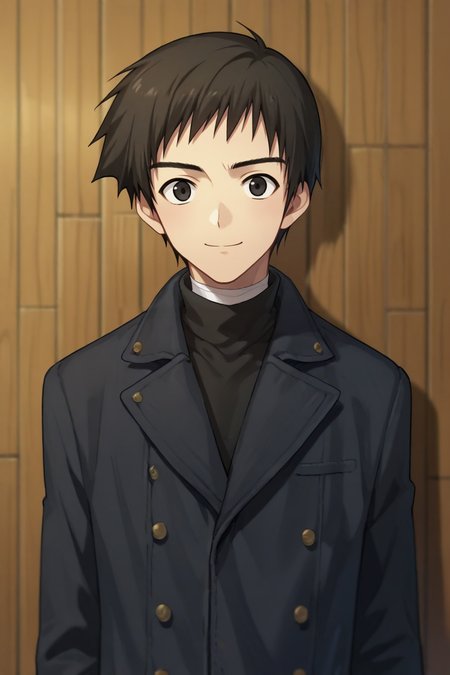 score_9, score_8_up, score_7_up,score_6_up,score_5_up,score_4_up,source_anime,BREAK, rating_safe, intricate details , , , anime screencap, anime coloring, official style, depth of field,1boy, solo, male focus,<lora:shizuki:0.85>,soujuurou shizuki,black hair, black eyes,short hair, looking at viewer, smile, short hair, shirt,closed mouth,jacket, upper body,coat, black jacket, turtleneck, parody, wooden wall, kyon
 <lora:sdxl_lightning_8step_lora_315544:1>