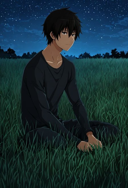 high resolution, solo, best quality, 1Boy, Kanie Seiya, Black Hair, grass, middle night, sky night, beautifull night, OverallDetail