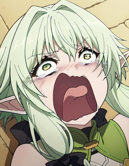 score_9, score_8_up, score_7_up, source_anime, <lora:high-elf-archer-s2-ponyxl-lora-nochekaiser:1> high elf archer, long hair, green eyes, bow, hair bow, black bow, sidelocks, green hair, pointy ears, elf,, <lora:crying-aqua-ponyxl-lora-nochekaiser:1> crying aqua, crying aqua (meme), screaming, crying, crying with eyes open, tears, tongue, open mouth,, ,