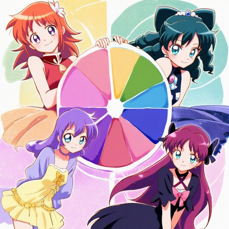 masterpiece, best quality,
source_anime, deep colors, 
high quality, high resolution, detailed, highres, highly detailed, intricate details, 
mj manga,
(color_wheel_challenge:1.2), multiple girls, magical girls, mahou shoujo,
red hair, pink hair, orange hair, yellow hair, green hair, cyan hair, blue hair, purple hair, violet hair, black hair, 
red dress, pink dress, orange dress, yellow dress, green dress, cyan dress, blue dress, purple dress, violet dress, black dress,