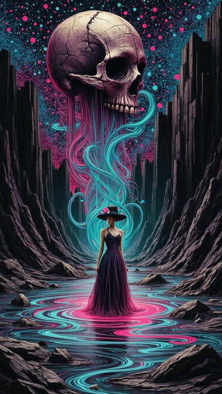<lora:scribble-flux-v1.safetensors:1> xslx scribble
In the heart of a desolate landscape, a hauntingly stunning scene unfolds. A decaying skull, its sockets deep and hollow, seems to spew eerie, luminous tendrils that undulate and weave into an ominous, rippling pool. The tendrils, a mix of translucent and iridescent threads, shimmer with an otherworldly glow, contrasting sharply with the stark, barren cliffs that encircle the pool. The cliffs, cracked and weathered, stand like ancient, forgotten sentinels, their surfaces etched with intricate, almost supernatural patterns.
The vibrant, polka-dotted background adds a surreal twist, each dot a burst of color that seems to dance and shift, creating a sense of movement and unpredictability. The scene is further transformed by the presence of a woman, standing at the edge of the pool. She is a striking figure, her age indeterminate, with a profound presence that commands attention. Her dress is a masterpiece of avant-garde fashion, made of layered, translucent fabrics that shift and change color with every subtle movement, casting a kaleidoscopic reflection on the water's surface. The dress is complemented by a hat constructed from sleek, polished metal and glass, its angular lines and reflective surfaces adding an unexpected dimension to her appearance.
The woman's attire, bold and asymmetrical, contrasts sharply with the eerie, macabre beauty of the scene, creating a striking juxtaposition that captivates the viewer. The vibrant, unconventional elements of her fashion choices enhance the surreal and haunting atmosphere, making the scene a mesmerizing blend of the macabre and the avant-garde.