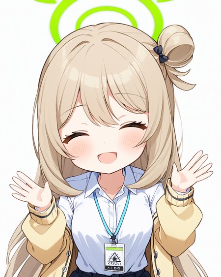 nonomi \(blue archive\),1girl, solo, one_eye_closed, halo, white_background, simple_background, smile, chibi, white_shirt, black_bow, hair_bow, hand_up, lanyard, ;d, single_hair_bun, signature, open_mouth, long_sleeves, yellow_jacket, upper_body, blush_stickers, collared_shirt, id_card, looking_at_viewer, waving, open_jacket
<lora:nonomi_(blue_archive)_image1897_2023-11-28:1>halo. gorgeous,key visual, vibrant, studio anime,award-winning, professional, highly detailed,high budget, cinemascope