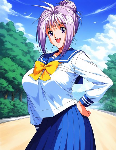 score_9, score_8_up, score_7_up, source_anime, rating_explicit, BREAK  <lora:Katagiri_Ayako_XL:1>ãKatagiriAyako, light purple hair, single hair bun, short hair, large breasts, purple eyes
1990s \(style\), open mouth,
1girl, solo, school uniform, serafuku, bow, skirt, yellow bow, hand on hip, sailor collar, blue skirt, smile, long sleeves, pleated skirt
outdoor, blue sky, day,
