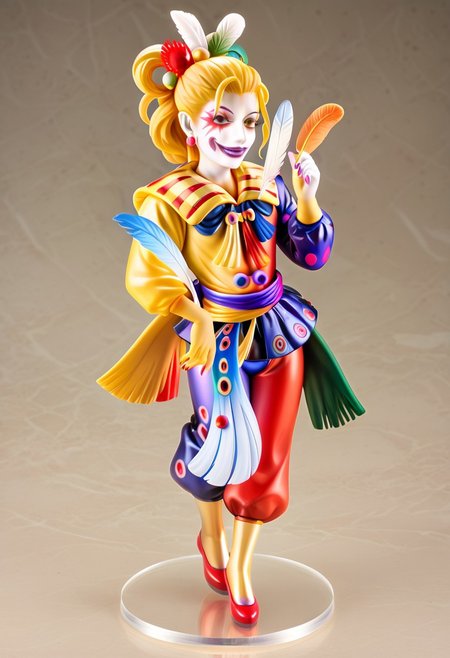 PVC figure, rendering, (((full body))), adult, mature male, (((negative_hand, PVC figure, rendering, clown, facepaint, blonde hair, lipstick, feathers))), 1boy, solo, 1girl, five fingers, Precise hands, insanely detailed, perfectionism, max detail, hard edge, hyperrealism,  Highest quality eyes, on a circular stand,