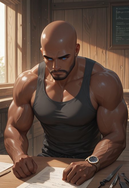 masterpiece, best quality, amazing quality, absurdres, newest, detailed background, definition so sharp, Ultra-HD, 8K cinematic, very awa, impressionate, amazing quality, highres, 
1boy, mbti_estj, muscular man, mature man, bald, dark skin, facial hair, blue eyes, watch, solo, artisan workshop, warm light, wooden textures, tools, focused, concentrated, calm demeanor, natural materials, hands at work, craftsmanship, details, soft shadows, inviting atmosphere, high quality, aesthetic