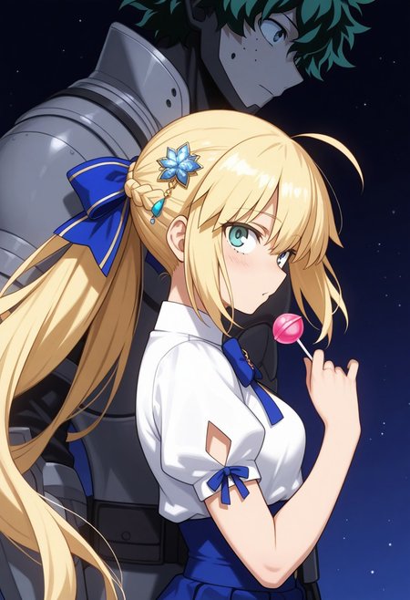 In this masterpiece, we depict a serene scene featuring artoria_caster_(fate) in short sleeves with her shimmering hair adorned with sparkle_hair_ornament. She holds a lollipop while standing side-by-side with another character named hoshizora_rin. The setting is filled with darkness, showcasing midoriya_izuku's vibrant blue eyes. Behind them lies a backdrop of gray skies, representing the fate of these characters amidst turbulent times.,BREAK,masterpiece, best quality, anime style, person, hero,