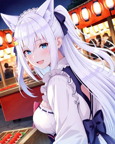 shirayuki mishiro,
1girl, solo, dutch angle, from above, upper body,
long hair, two side up, white hair,
fox ears,
hair between eyes, sidelocks,
right side heart hair ornament,
happy, dating, looking back, reaching,
night, summer festival, food stand, omatsuri, 
<lora:kp_ShirayukiMishiroAnimagineXL_v1:1.0>,
BREAK
masterpiece, best quality, absurdres, 
ultra-detailed, realistic, moody lighting,
detailed eyes, depth of field,