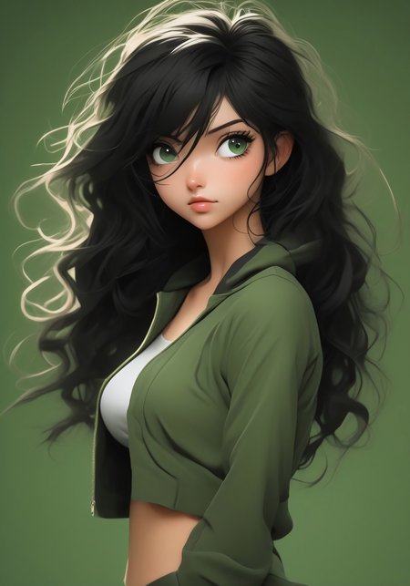 core_9, score_8_up, score_7_up, score_6_up, source_anime, 1girl, solo, very sexy, 23 years old , curvy, cute face, big green eyes, black wall, lightbacking, black hair