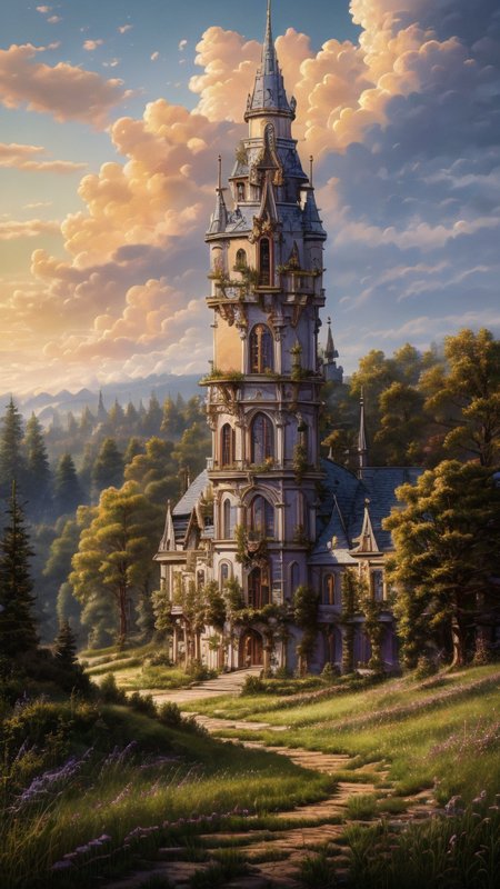 Masterwork Painting, Magnum Opus, 
 <lora:Wizard_Tower:0.75> witow, castle, cloud, cloudy sky, grass, no humans, scenery, sky, tower, tree, <lora:Fantasy_Mountains:0.75> fanmou, footprints, forest, grass, nature, no humans, outdoors, sky, tree,
  highres, 8k, uhd, High Dynamic Range, tonemapping, crisp details,  intricate details, fine details
