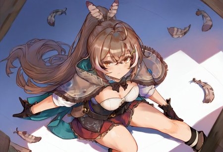 1girl, nanashi mumei, nanashi mumei \(1st costume\), ho1011ve, ho1011ve english, 
  virtual youtuber,  solo, ahoge, feathers,overhead view . masterpiece \(cosplay\), cosplay, ponytail,
.
best quality, very aesthetic, absurdres, dynamic pose,
 <lora:cutesexyrobuttsforill-000172:0.95>