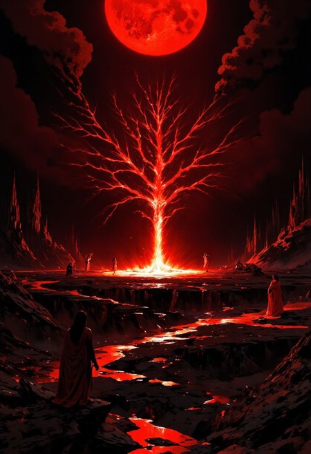 hyper realistic and highly detailed, highly dynamic cinematic panorama view, dark night, red moon, clouds, everything is filled with red, edge of the forest, in the middle of the clearing there is a tree, the tree is on fire, the tree is burning very brightly, girls in long light dresses are dancing around the tree, sparks from the tree are spreading, pagan holiday, the tree is standing on the ground and burning