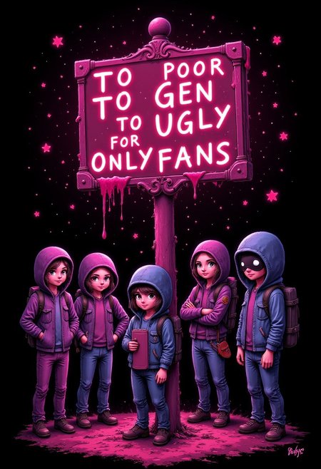 cosmic crafter anime style art by  Creepy guy  aidmaTextImprover A sign with text: "to poor to gen to ugly for onlyfans"