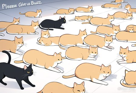 Masterpiece, lots of cats, laying on the floor, text "please give us buzz"