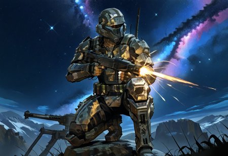 lazypos. 1boy, ((ODST)), armor, fingerless gloves. (((medium brown skin tone))). Helmet. Dog tags necklace. grenades on belt. cuts, damaged armor, blood, BattleDamage. there is purple blood splattered on 1boy's armor.. ((aiming a vkrsmmg medium machine gun weapon)). muzzle flash. He is crouching down on one knee. He is behind cover, a rock. He is looking in the same direction that he is aiming.
(hlrng, horizon, starry sky,
mountainous horizon, scenery,
dark, darkness, night, night sky, starry sky, star \(sky\), nebula, galaxy) sketch.