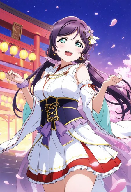 masterpiece, best quality, solo, 1girl, aged up, happy, large breasts, 
 nozomi_toujou, toujou_nozomi, long hair, purple hair, twintails, low twintails, scrunchie, green eyes, mystical shrine idol outfit, violet and white miko-inspired dress, gold accents, bell earrings, flower hair ornament, torii gate stage under twilight sky, paper lanterns floating in the air, cherry petals swirling, serene and spiritual presence