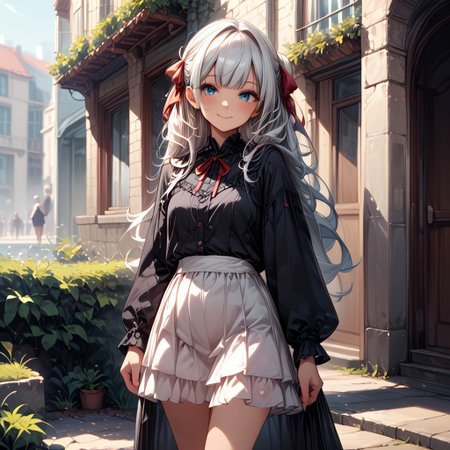score_9, score_8_up, score_7_up, score_6_up, 
a beautiful anime girl with long white hair and long black dress standing in a stone archway, 1girl, solo, blue eyes, long hair, long sleeves, white socks, smile, black hair, white skirt, socks, blush, looking at viewer, outdoors, ribbon, skirt, frills, shirt, black shirt, closed mouth, red ribbon, bangs, day, standing, hair ribbon, kneehighs