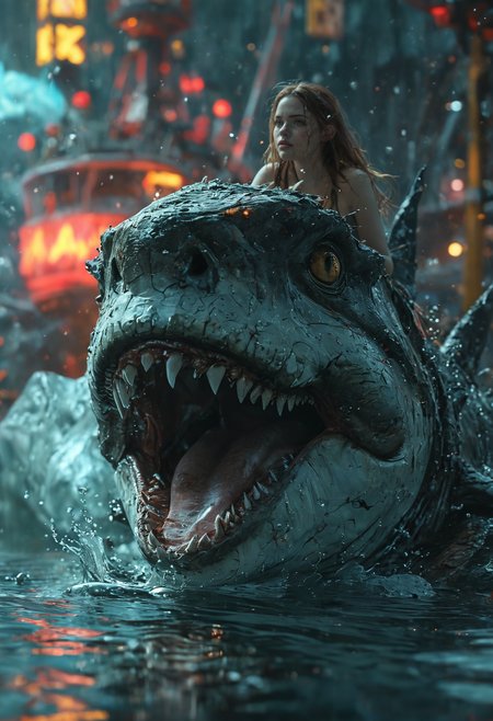 amazing quality, masterpiece, best quality, hyper detailed, ultra detailed, UHD, perfect anatomy, portrait, dof, hyper-realism, majestic, awesome, inspiring, sexy mermaid infront of neon giant megalodon shark in space water, cinamatic composition, soft shadows, national geographic style <lora:add-detail-xl:1>  <lora:MJ52:0.5>