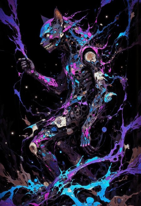 (in Otomo Katsuhiro style:1.2), masterpiece, high-quality, An electric cat, her form an outline of neon wires against a dark backdrop, each line flowing in calligraphic strokes as if shes made of flowing ink, Shes surrounded by floating glowing symbols that shift with her movements like characters in an illuminated manuscript forming abstract poetry in the air, neon calligraphy, electric verse, illuminated symbols, (Stylized neon minimalism with flowing linework and a dark, high-contrast palette:1.1), (elaborate fine details:1.1), (hyperdetailed:1.1), (intricate details:1.0), (Refined details:1.1), (best quality:1.1), (high resolution:1.2), <lora:FLUX\Anime v1.3:0.6> <lora:FLUX\VividlyReal:0.6> <lora:FLUX\FLUX-daubrez-DB4RZ:0.4>