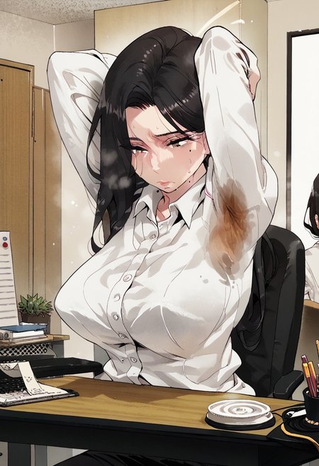 zPDXL2, score_9_up, score_8_up, score_7_up, froma above, sit on her desk, office, pc, tired, she is suffering from the heat, disconfrot, (Anime_source), high detail face, best quality, absurd res, 1girl, RaheeDo, gray eyes, black hair, long hair, mole under eye, mole under lips, office clothes, white shirt with long long sleeves, cowboy shot, looking at her pc, ,  (big breasts:1.4), sweaty:1.2, , arms down,, sweat stain under armpit:1.5, steamy:1.2,
