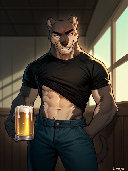 portrait of bara panther man lifting up shirt with hand, nomifuki_style, panther,  furry, <lora:Nomifuki_Style:.8> smirking, ((midriff)), holding beer, eyebrow slit, sleezey bar background, lean body, looking at viewer, dynamic lighting, score_9, score_8_up, score_7_up, <lora:Smooth Anime 2 Style SDXL_LoRA_Pony Diffusion V6 XL:.3>   <lora:add-detail-xl:.8>  zPDXL3,