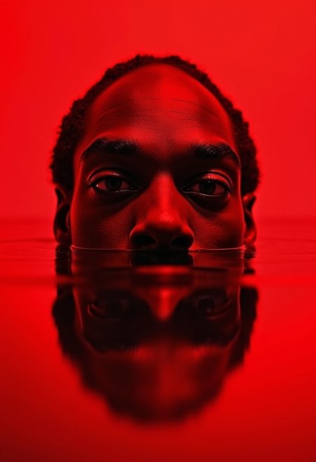 This image features the head of Snoop_Dogg with a bright red hue, creating a striking visual effect. The image is split horizontally in the middle, as if the lower half of the head is submerged in water, creating a reflection that mirrors the upper part. The eyes are focused and intense, adding to the image's dramatic tone.