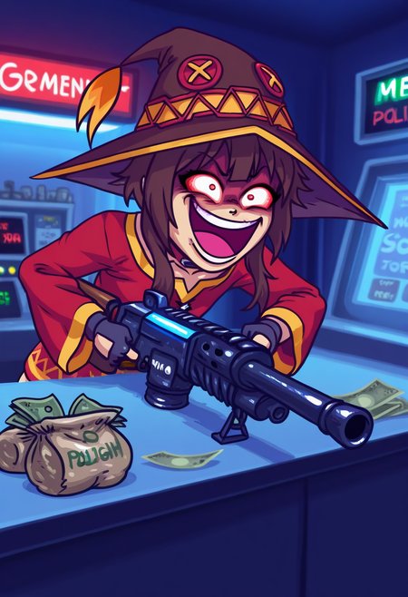 55Mstyle, gonzossm style,  masterpiece, best quality, solo, megumin, shooting machine gun, maniac face,  red and blue hue from police lights, laugh, store, hat, money bags on counter, closeup