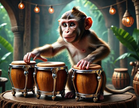 cinematic still musicianlora, monkey playing bongos . emotional, harmonious, vignette, 4k epic detailed, shot on kodak, 35mm photo, sharp focus, high budget, cinemascope, moody, epic, gorgeous, film grain, grainy, musicianlora, monkey playing bongos, intricate, elegant, highly detailed, wonderful colors, sharp focus, epic composition, joyful, dramatic, cinematic, extremely aesthetic, very inspirational, colorful, professional, stunning, original, best, imposing, new, beautiful, creative, positive, attractive, cute, inspired, vibrant, loving, calm, relaxed, pure