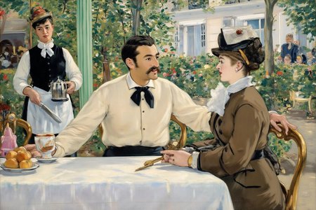edmanet1 painting.
An outdoor cafe scene in late 19th-century France. A well-dressed couple sits at a white tablecloth-covered table, engaged in a warm and intimate conversation.  On the left is a man, wearing a cream-colored shirt and a black bow tie.  His hand is resting on the back of the woman's seat.  On the right is a woman, shown in side profile view, is dressed in a brown outfit with a hat.  A waiter in a black vest and white apron stands in the background holding a serviing coffee pot, surrounded by lush greenery and elegant Parisian architecture. <lora:edmanet1_cap_d6a3e13:1.0><lora:834396048634957225:0>